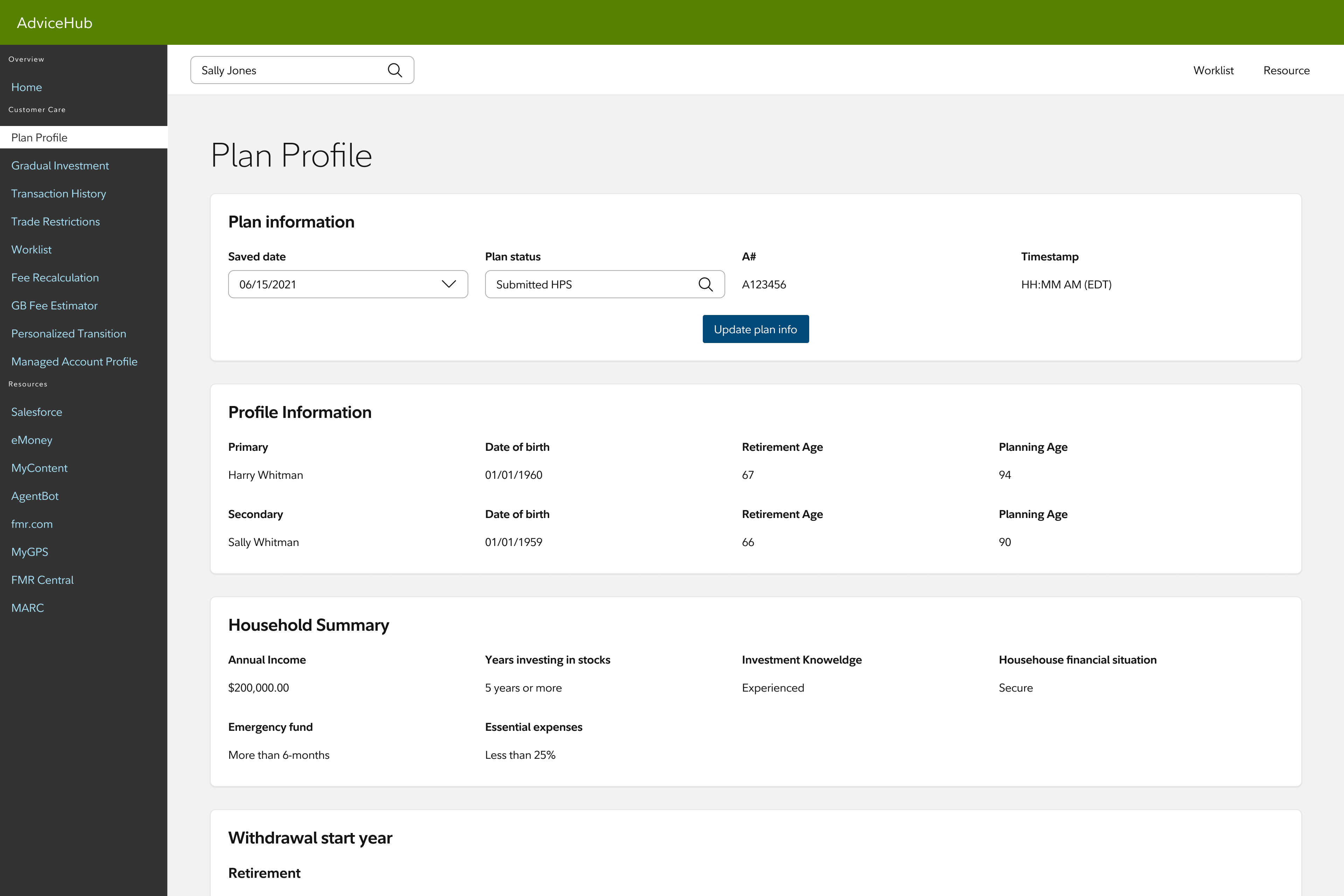 Initial view of profile