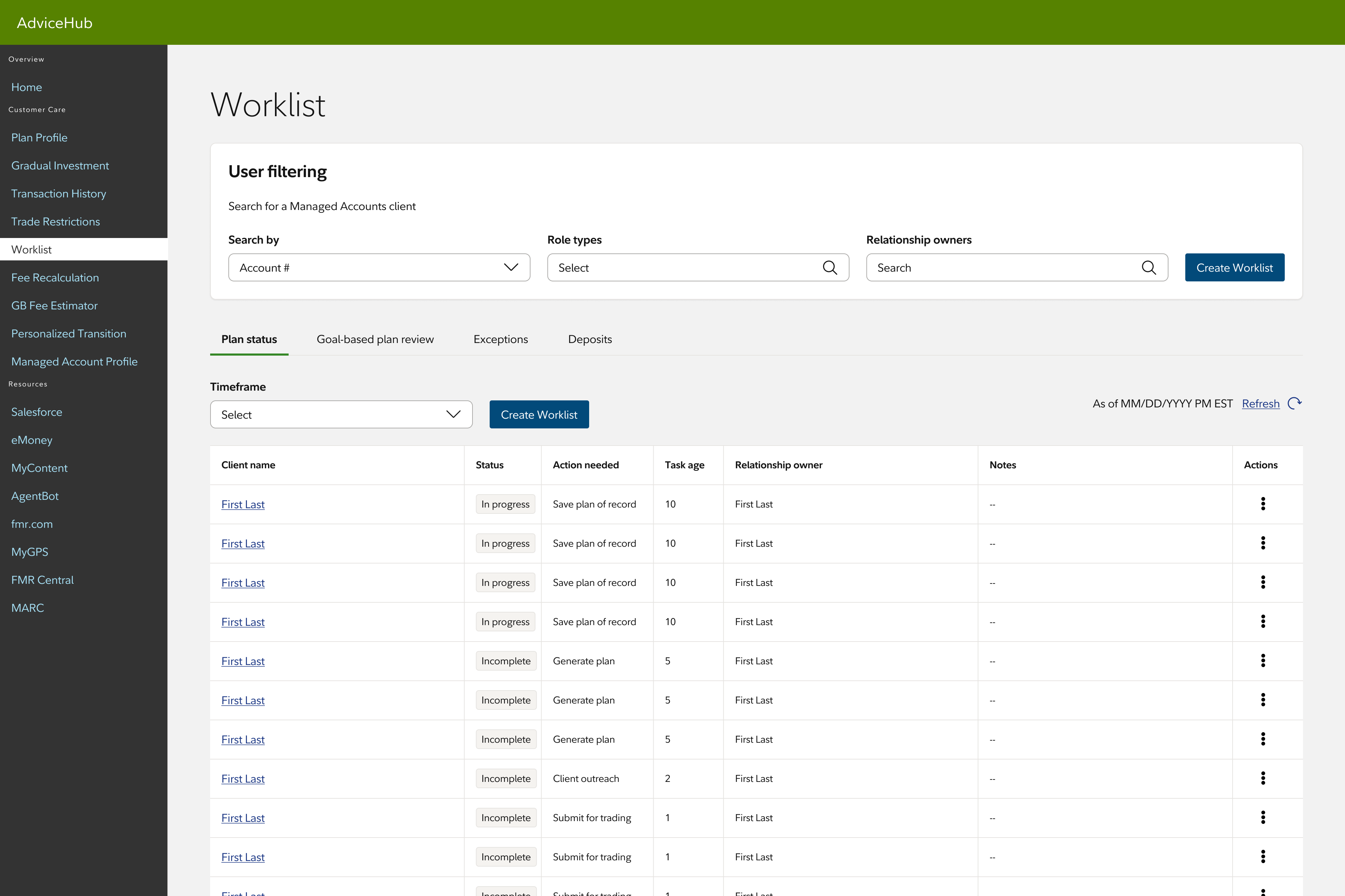 Initial view of worklist