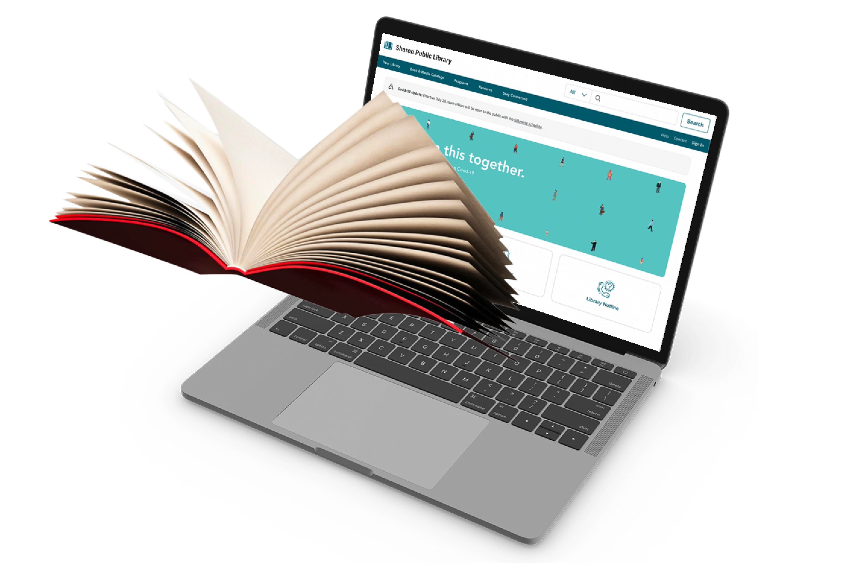 A book flying out of a laptop with a library web page